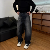新款 男士 泼墨美式 冬季 做旧设计感弯刀裤 长裤 加绒加厚休闲牛仔裤 子
