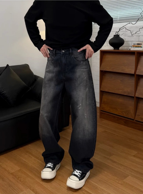冬季新款泼墨美式做旧设计感弯刀裤长裤男士加绒加厚休闲牛仔裤子