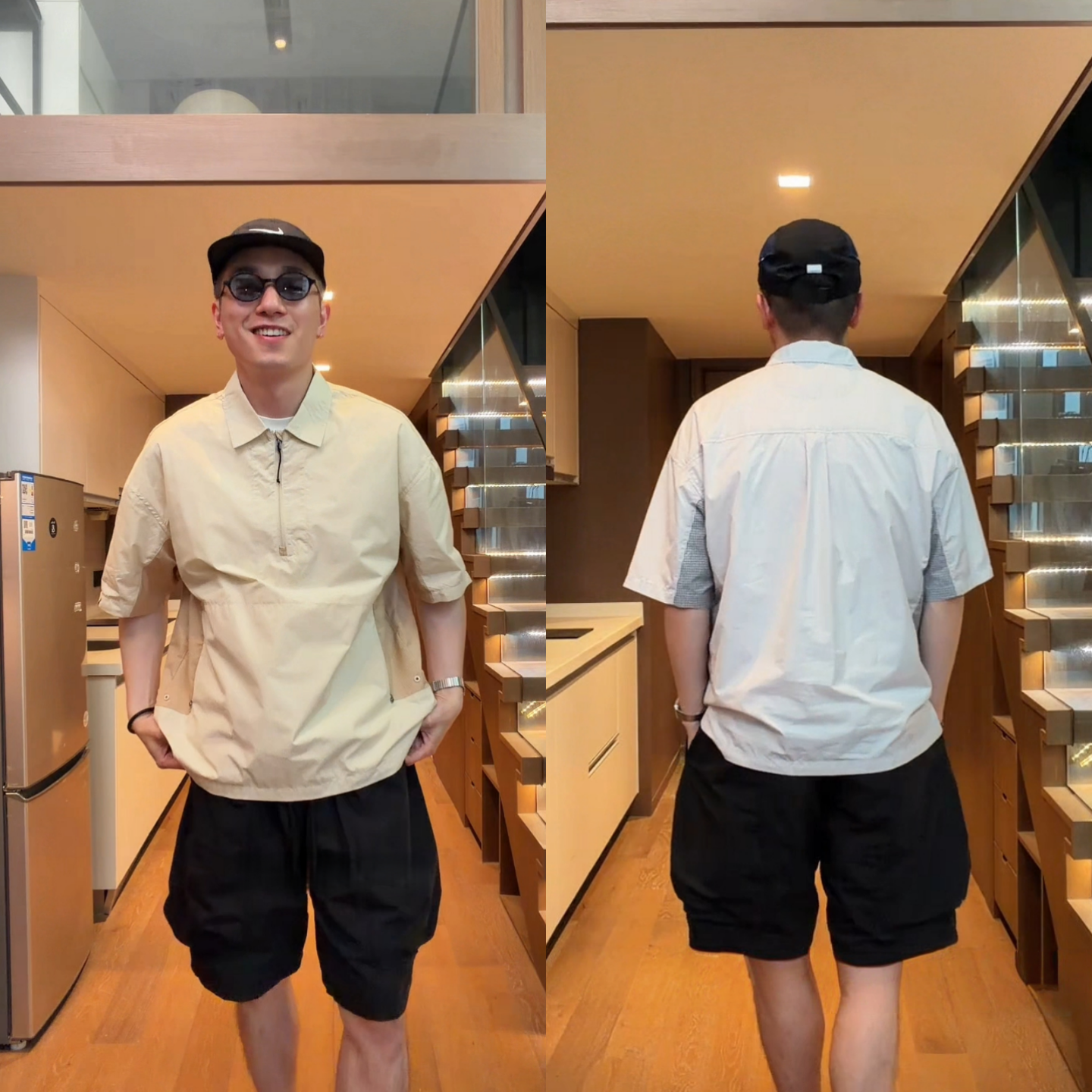 夏季日系翻领格子拼接翻领短袖男