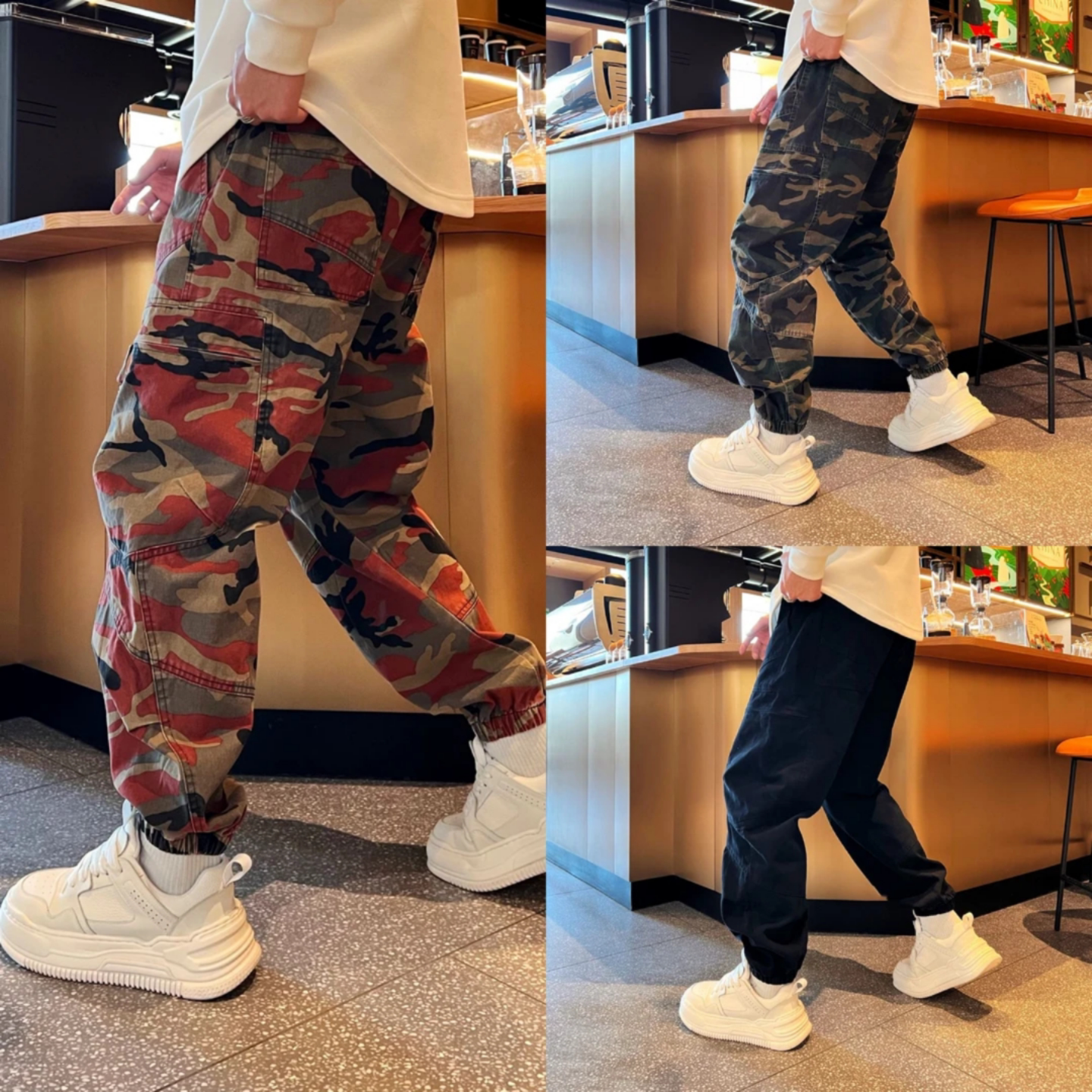 新款百搭时尚潮流迷彩束脚工装裤拼接多口袋宽松复古风男款休闲裤