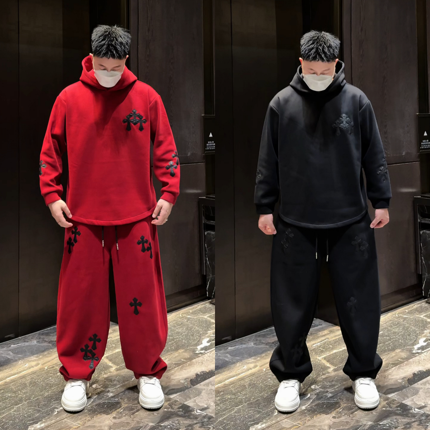 直播间同款冬季款男士加绒加厚连帽卫衣休闲宽松小弯刀裤时尚套装