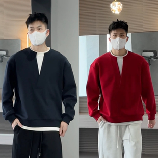 【加绒加厚】假两件设计款长袖V领卫衣打底男女同款情侣休闲简约