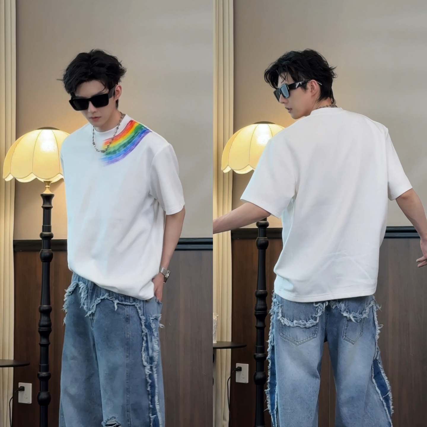 夏季美式潮流痞帅宽松圆领短袖男士百搭时尚彩虹涂鸦设计感T恤潮