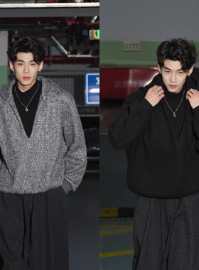 直播间同款冬季新品小众设计感假两件潮流美式复古连帽织衫毛衣男