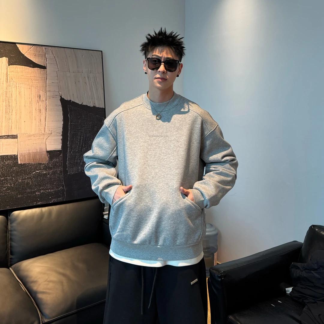 休闲运动百搭ins潮流套头春季拼接纯色长袖男士卫衣春秋圆领打底