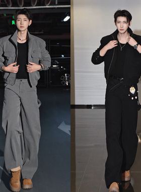 秋季新款潮流复古工装套装男士百搭立领夹克外套简约长裤两件套潮