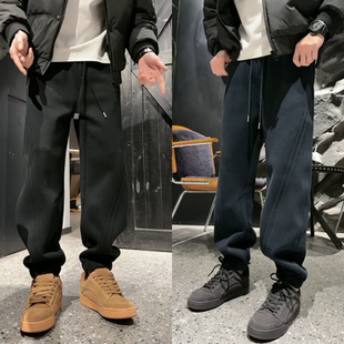 男士加绒休闲裤束脚运动卫裤美式潮流抽绳长裤纯色简约男装裤子