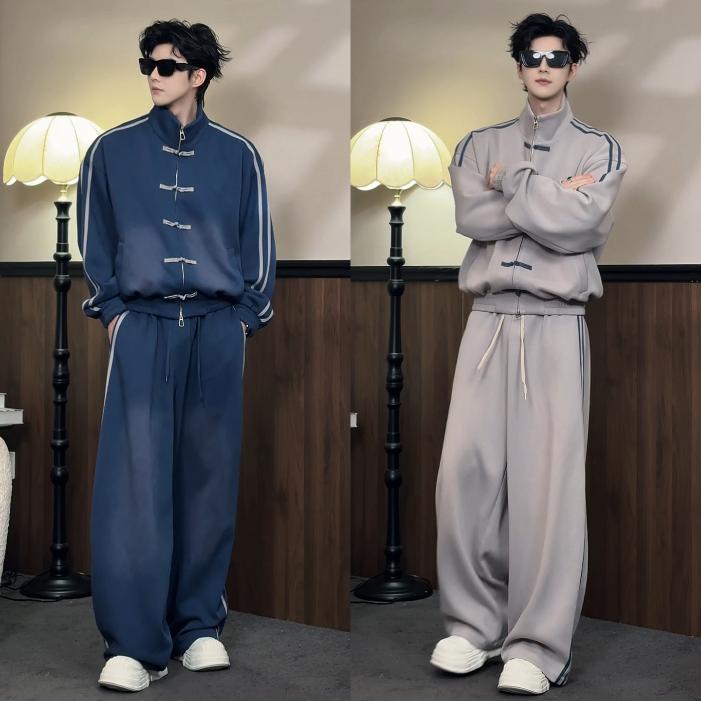 春季新中式潮牌条纹运动套装男立领盘扣外套休闲阔腿裤一整套搭配