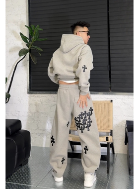 冬季高品质男款加绒套装连帽卫衣高街十字花设计弯刀卫裤两件套潮