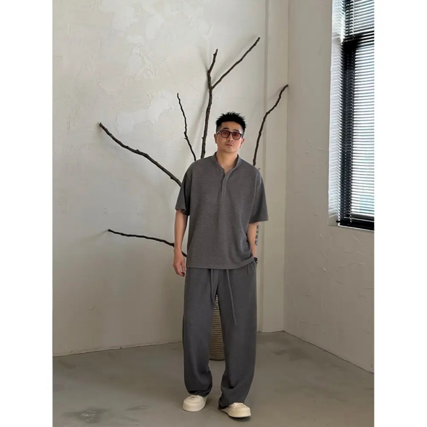 夏季男士轻奢时尚亨利领T恤衫长裤两件套老钱舒适垂感松弛感套装