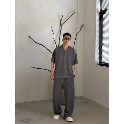 夏季男士轻奢时尚亨利领T恤衫长裤两件套老钱舒适垂感松弛感套装