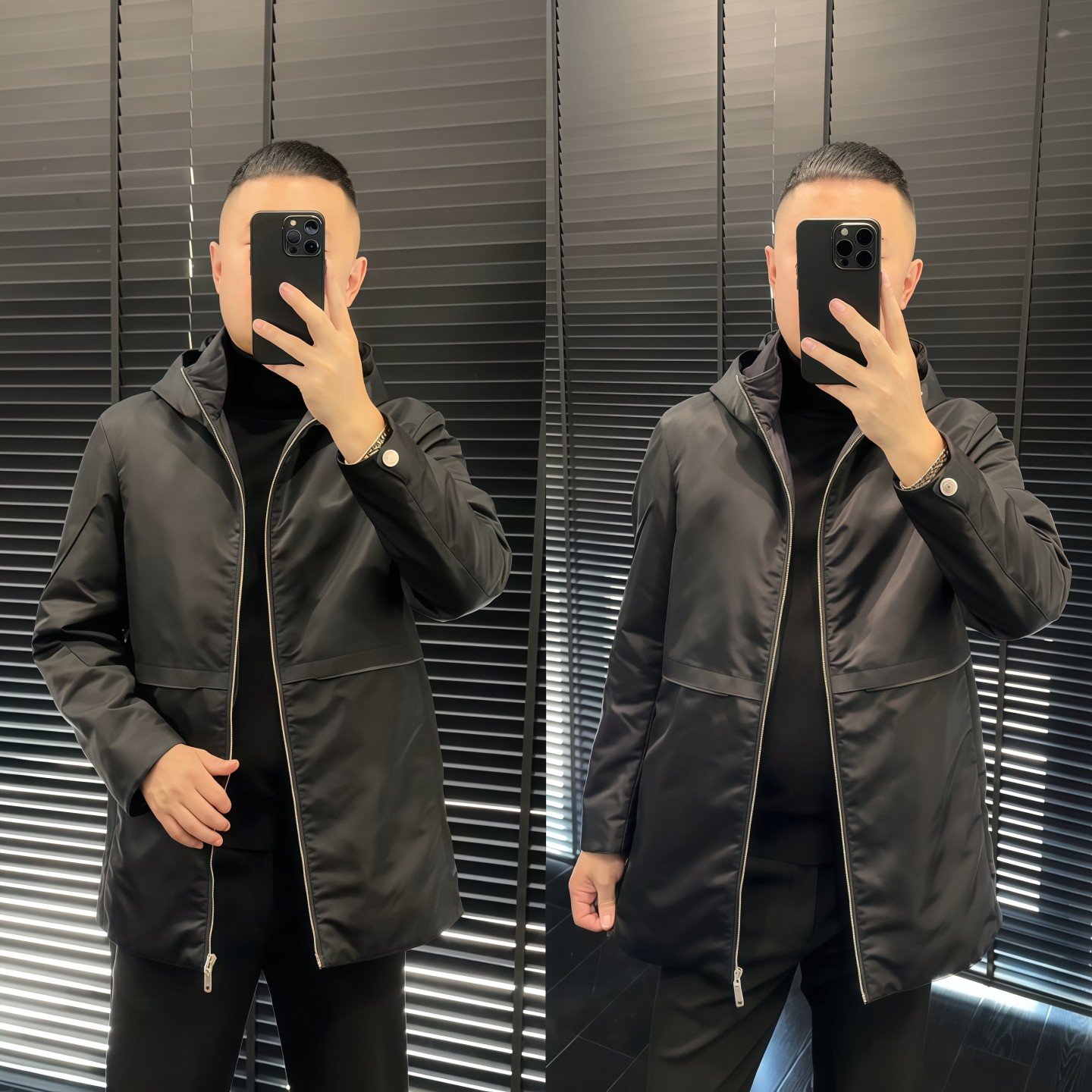 男士连帽中长款外套冬季商务休闲行政夹克百搭高级感潮流纯色简约