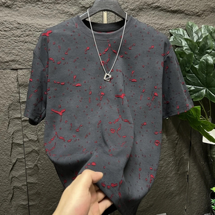 春季新款美式高街潮牌破洞裂纹设计短袖帅气T恤上衣男款薄款圆领