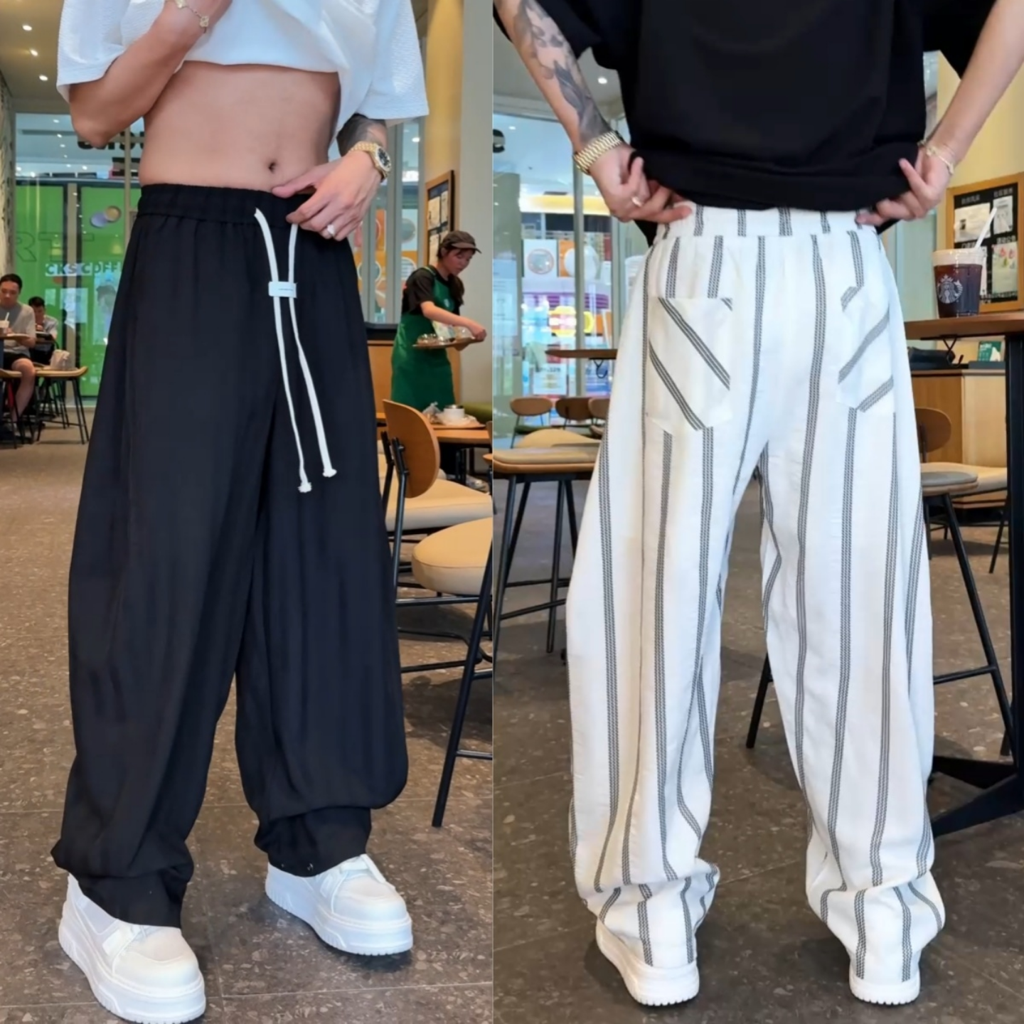 夏季轻薄透气松弛慵懒风男士新款时尚条纹弯刀阔腿裤垂感休闲裤