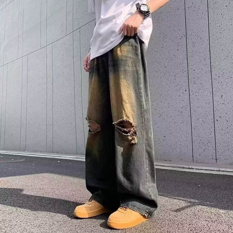 秋冬季大码250斤美式高街水洗做旧破洞牛仔裤男士宽松垂感阔腿裤