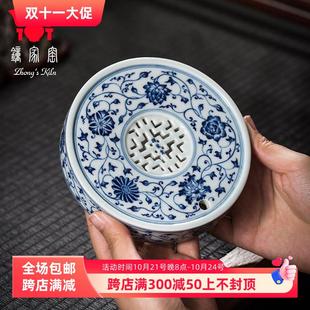 茶盘 钟家窑陶瓷壶承手工手绘柴窑青花缠枝纹圆形干泡台壶托储水式