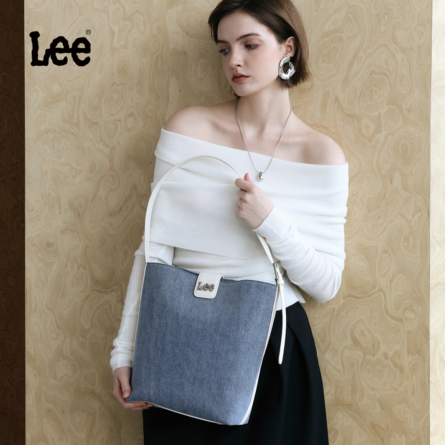 Lee新款旋钮水桶包大容量牛仔布