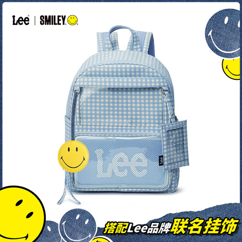 Lee新款蓝白格子双肩包女学生大容量书包盐系通勤旅行背包痛包男
