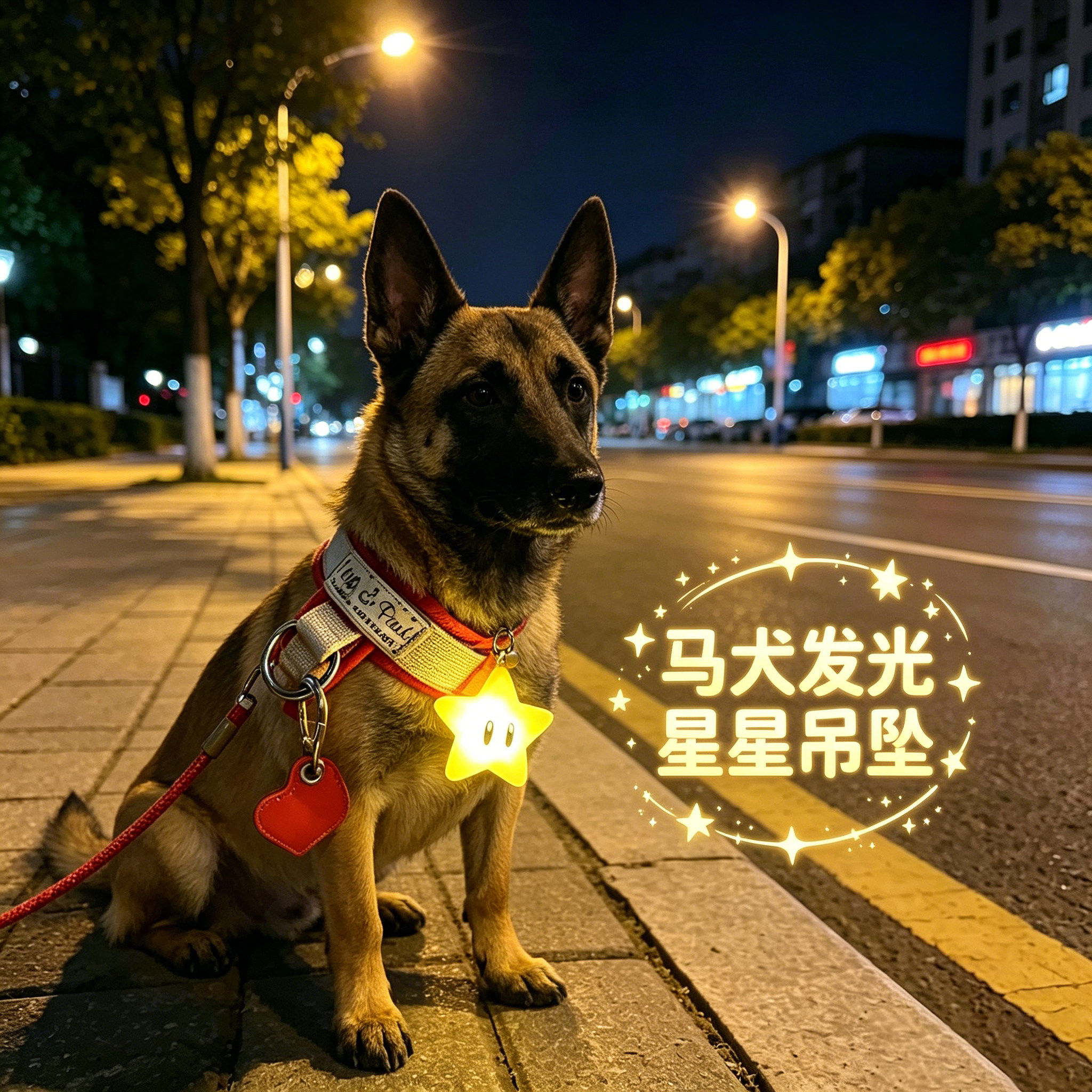 马犬专用狗狗夜间发光吊坠项圈夜晚发光灯防走失遛狗牵引绳晚上