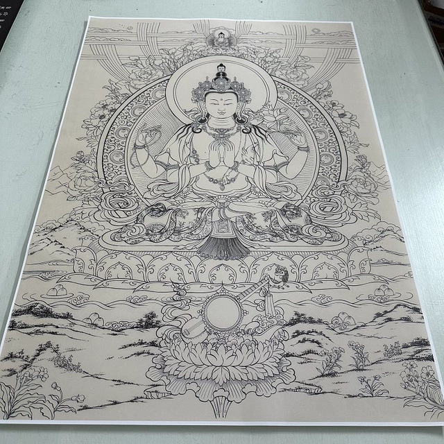 四臂观音白描佛像复古书画工笔国