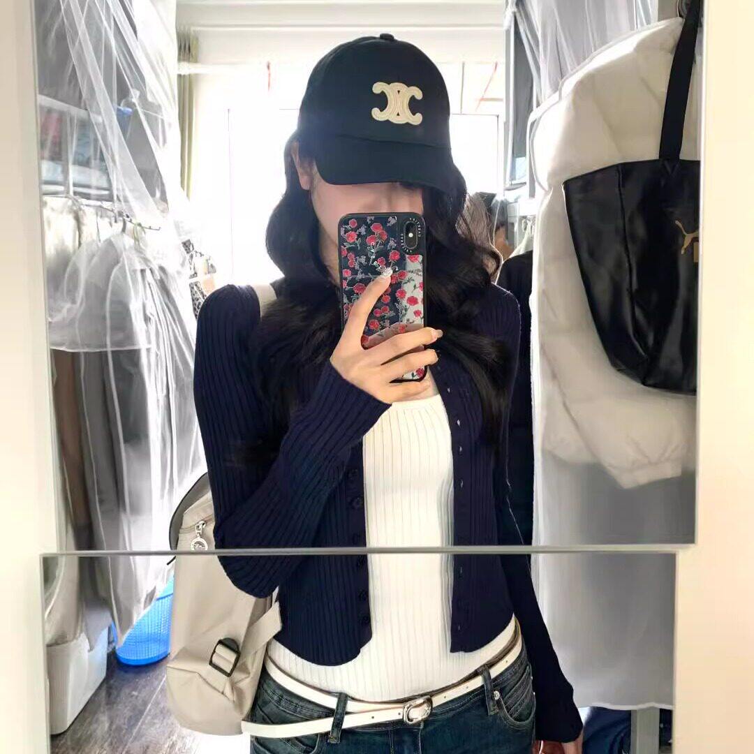 韩系藏青色开衫针织衫女春秋短款内搭叠穿吊带背心百搭两件式上衣