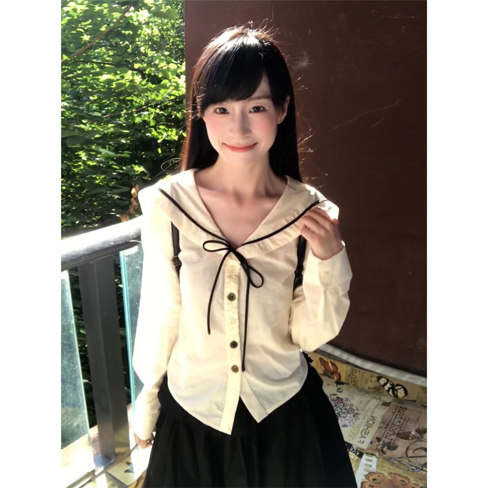 韩系学院风海军领长袖衬衫女2025新款春秋季减龄收腰显瘦短款上衣