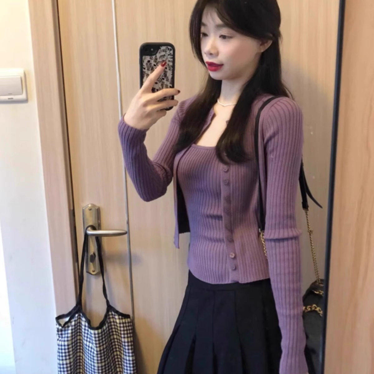 韩系穿搭紫色针织开 衫外套女早春装修身纯欲辣妹短款独特漂亮上