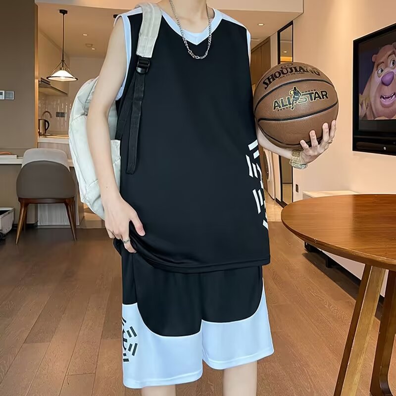 夏装大码300斤篮球运动服u套装男夏薄款无袖t恤男装背心短裤两件