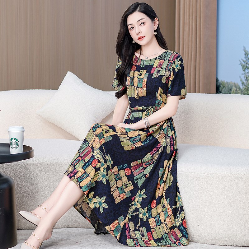2025新款棉麻连衣n裙夏季薄款大码女装a型妈妈气质印花绵绸长裙子