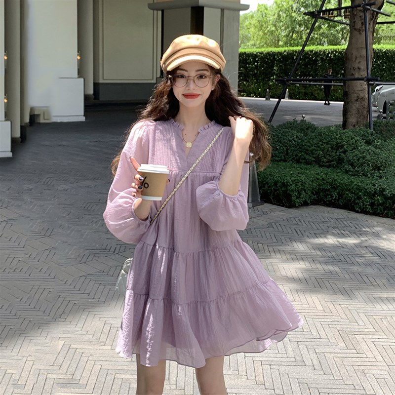 香芋紫长袖孕妇连衣裙雪纺裙2023春夏时尚款褶皱V领仙Z女裙孕妇装