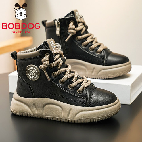 BOBDOG巴布豆正品童鞋中大童男童马丁靴高帮防水秋冬季加绒休闲鞋