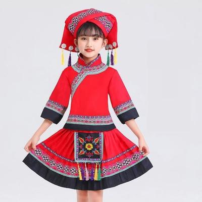 广西三月三壮服女童名族服装儿童苗族瑶族演出服彝族舞蹈服饰裙子