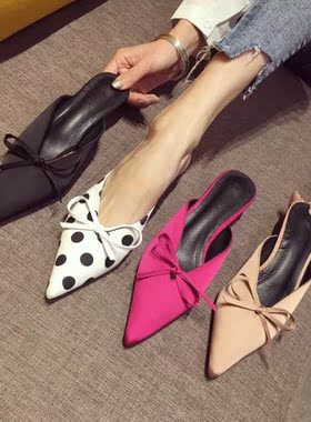 2019春新款蝴蝶结包头半拖鞋女中跟细跟尖头V口高跟鞋外穿凉拖鞋
