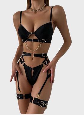 复杂绑带诱惑金属链条镂空性感内衣套装四件套女 Slutty Lingerie
