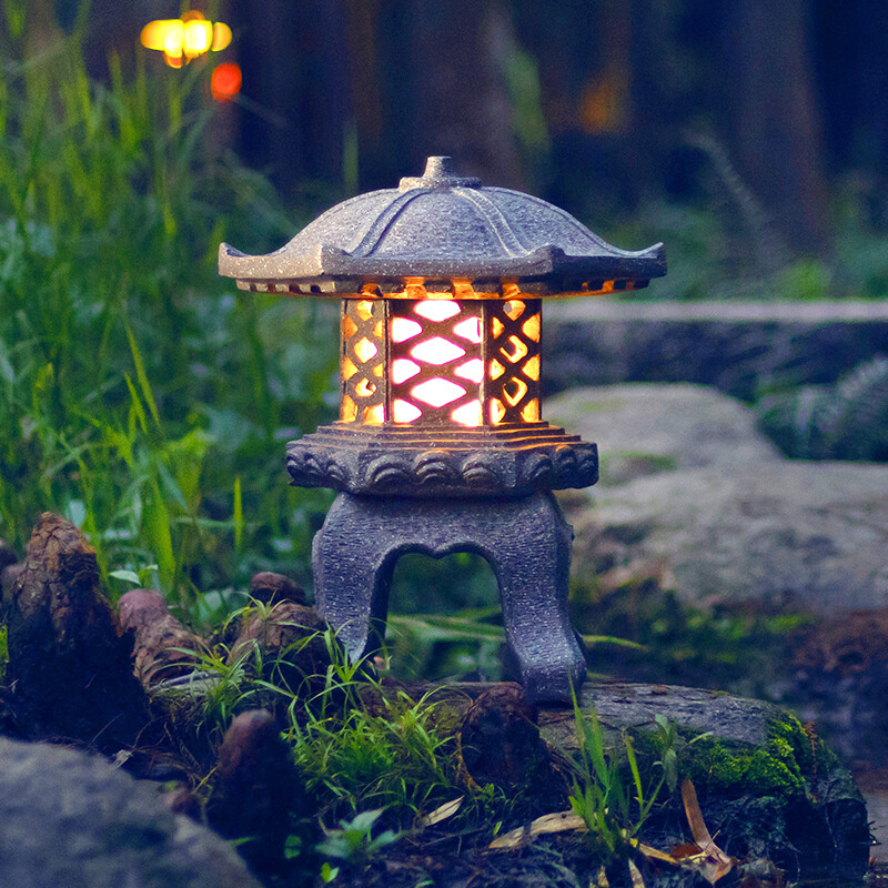 太阳能花园草坪灯户外发光石头灯仿古石雕中式灯别墅庭院灯塔窗格