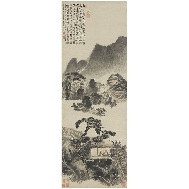 石涛山水立轴水墨书画真迹宣纸高清微喷仿古复制装裱国画玄关装饰