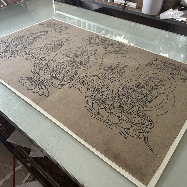 敦煌遗书壁画佛像素描人物书画宣纸真迹高清微喷仿古装裱挂轴装饰图片