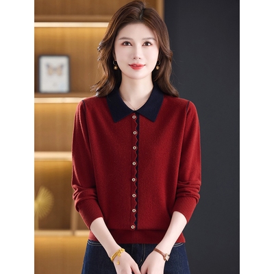 日本品质小个子妈妈装纯羊毛衫女翻领针织上衣服