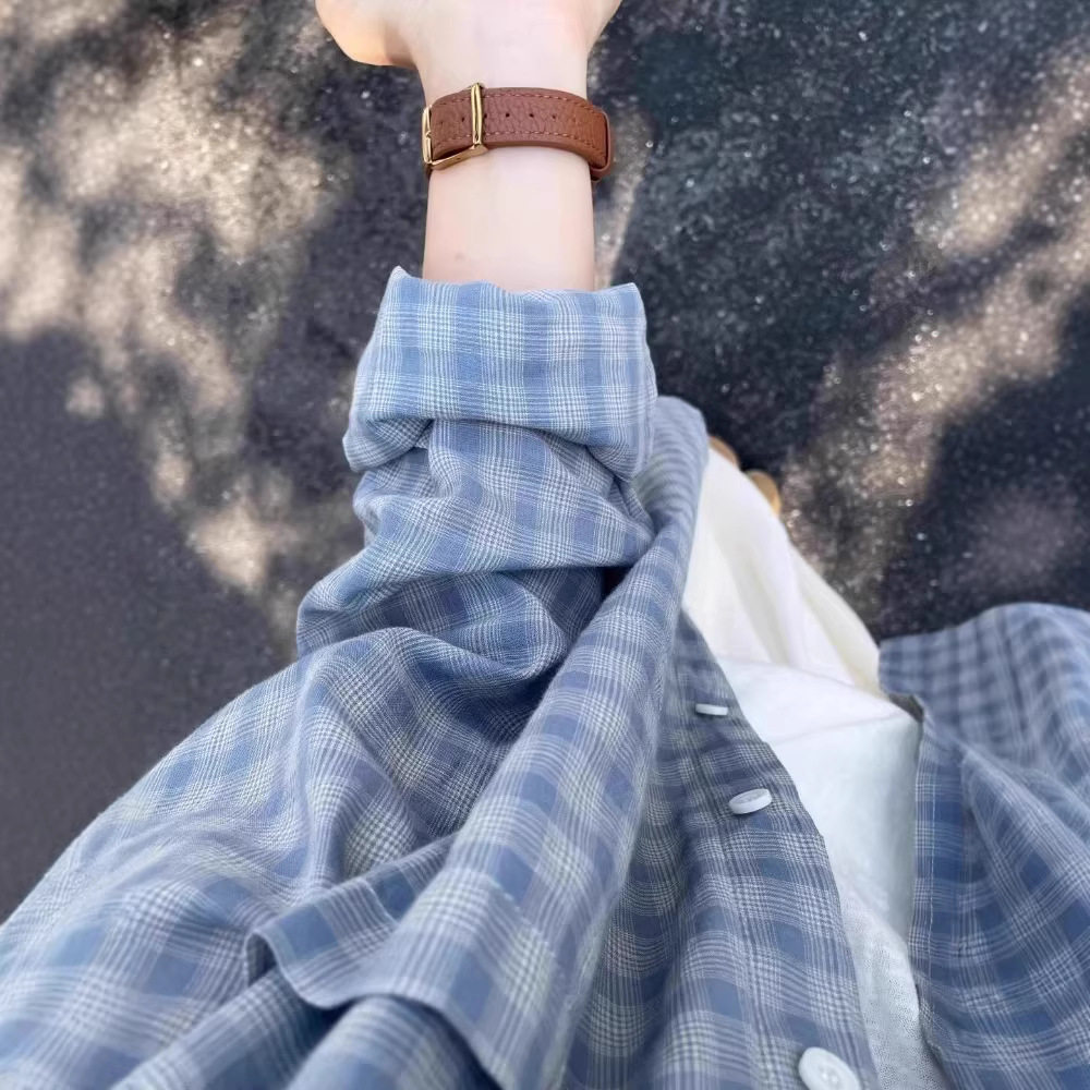 韩系蓝色格子衬衫女早春薄款慵懒风宽松休闲长袖衬衣防晒外套上衣