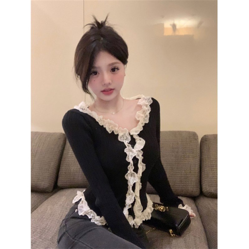 秋季法式辣妹性感kv领蕾丝修身显瘦长袖T恤纯欲风时尚小众ins上衣