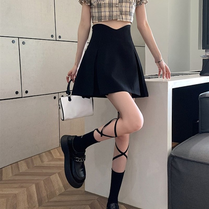 黑色鱼骨高腰西装半身裙女夏装设计感A字短裙大码胖MM百褶伞裙潮