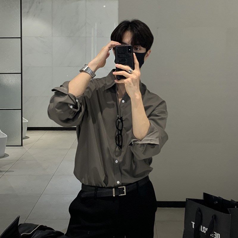 英伦雅痞男装衬衫男m长袖高级感灰色轻熟风西装内搭衬衣oversize