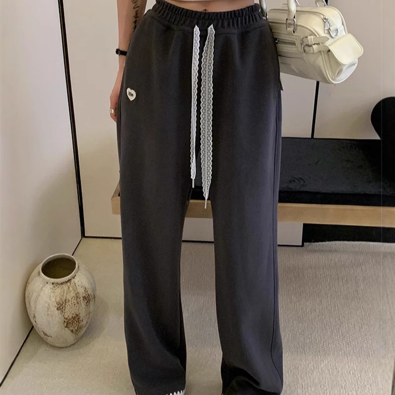 韩版贝壳绣糖果爱心刺绣直筒裤女春新款高腰直筒阔腿裤休闲裤长裤