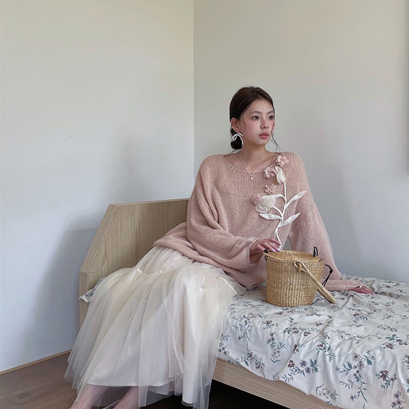 【晨曦花语 手工立体花针s织】歌铭韩系针织衫女春季新款上衣N793