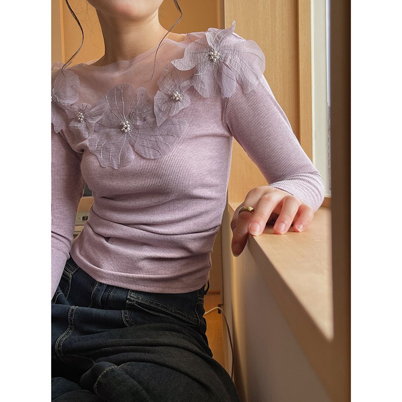 【繁花】歌铭法式复古蕾丝花朵拼接A针织衫秋季女长袖衣服女N109B