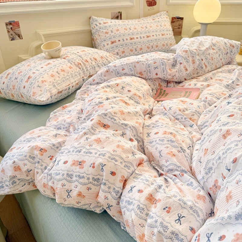 奶油风波点水洗棉被套150x200x230cm单被罩床上四件套被单三件套