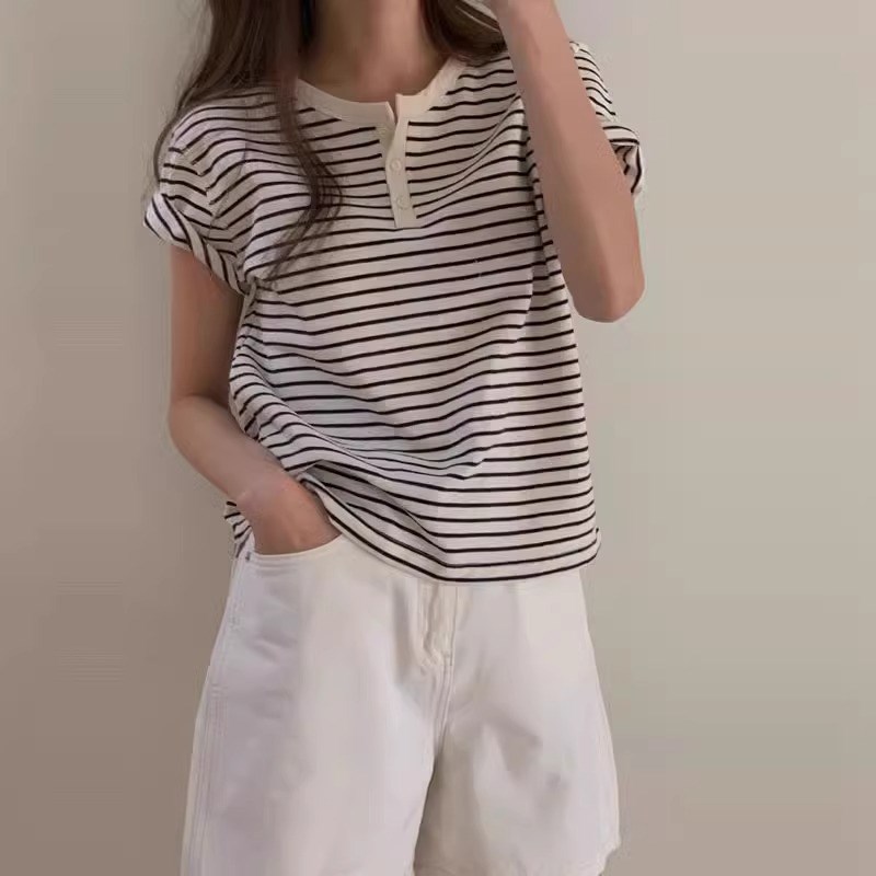 美式复古黑白条纹短袖t恤女夏季2025新款设计感小众内搭短款上衣