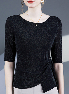 2025秋季新款亮丝网纱t恤女中袖黑色别致收腰系带小衫亮闪闪上衣