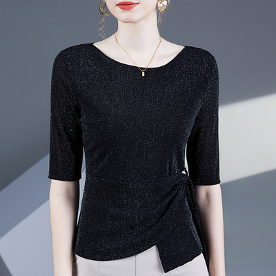 别致系带时尚亮丝网纱上衣女中袖
