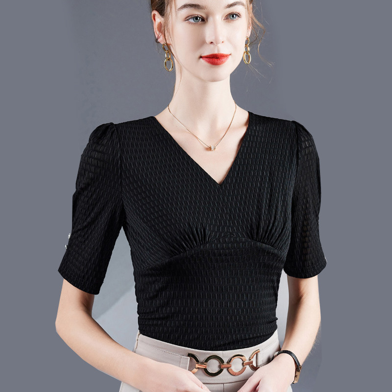 2025新款泡泡袖t恤女款中袖洋气小衫半袖显气质v领收腰上衣女夏装